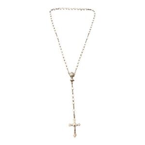 Religious Rosary Necklace Silver Tone White Beads Cross Chalice Centerpiece